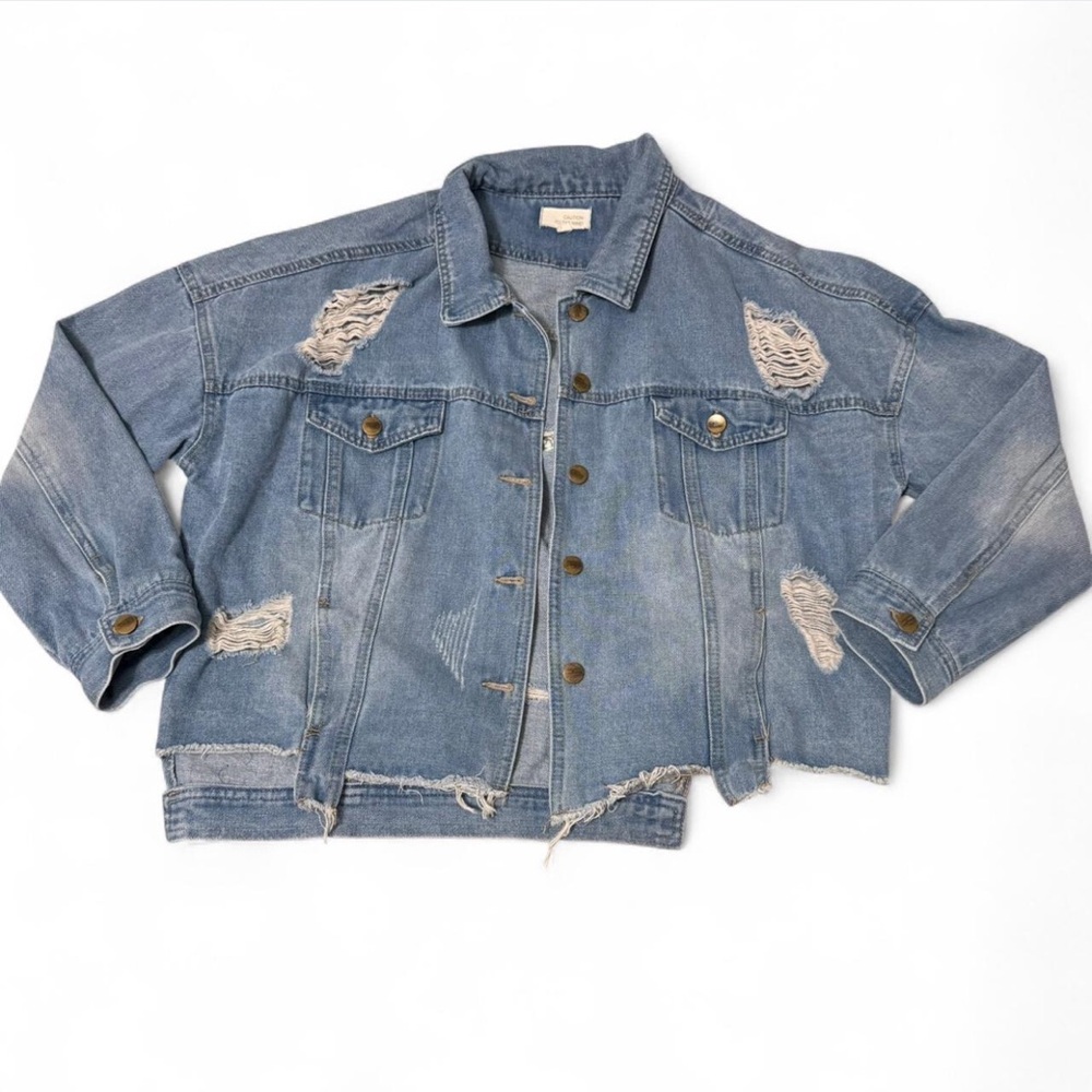 Caution To The Wind Light Blue Distressed Jean Jacket